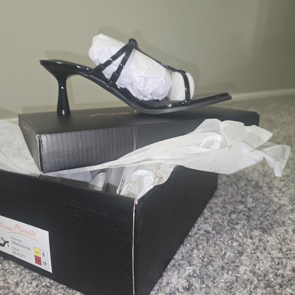 Anne Michelle Glossy Black Strappy Heels - BNIB